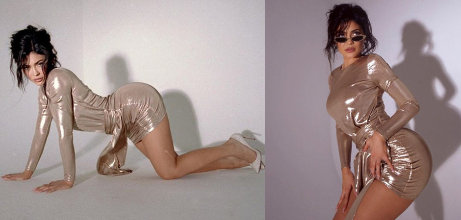 Американская модель и телезвезда Кайли Дженнер в золотом платье от Guess