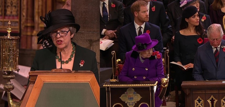 Тереза Мэй удивила своим нарядом, королева Елизавет Вторая и ее сын принц Чарльз на церемонии